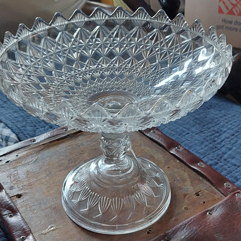 19th Century Crystal Open Compote Fine Cut & Block Footed Sawtooth Rim 8" (8s)